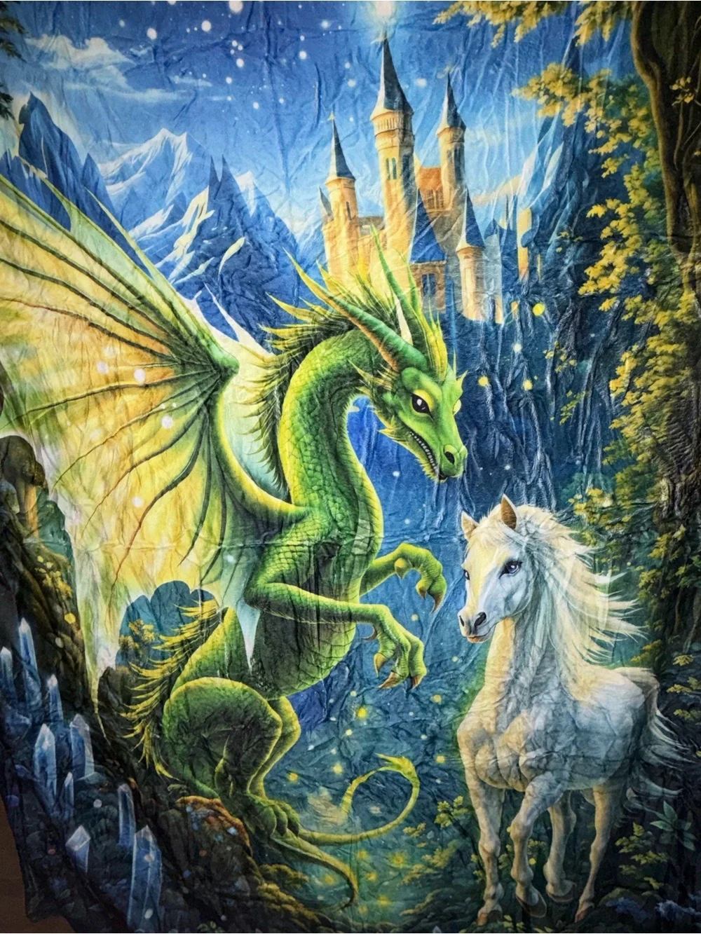 NWT Velveteen Dragon Unicorn Throw Blanket 50x60 Fantasy Castle White Back